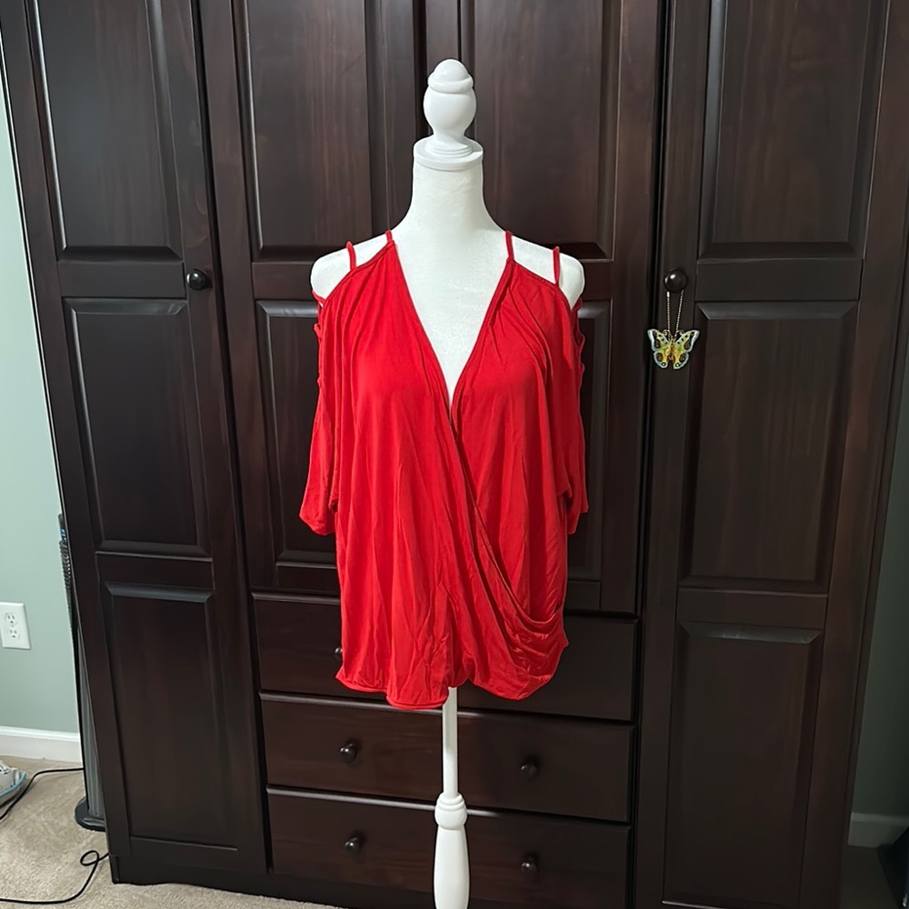 VENUS Red Asymmetrical Blouse with Cut Out Sleeves
